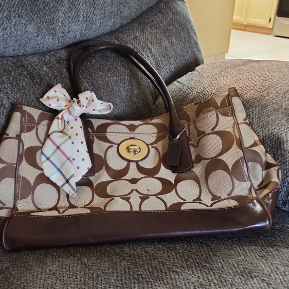 Coach Handbags - Coach Brown and Cream Tote Bag with Bow Accent